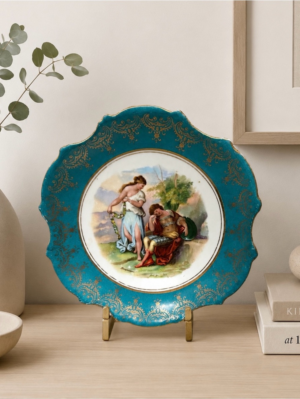 Victoria Austria Hand Painted Romantic Figural Cabinet Plate Turquoise 11”